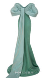 MNM Couture E0088 fitted rayon crepe gown with organza cape and scoop neckline | Couture Shop LA