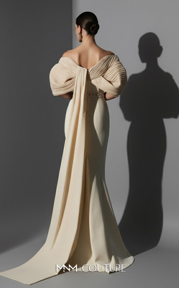 MNM Couture E0088 fitted rayon crepe gown with organza cape and scoop neckline | Couture Shop LA