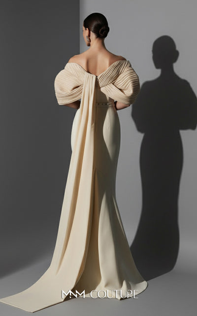 MNM Couture E0088 fitted rayon crepe gown with organza cape and scoop neckline | Couture Shop LA