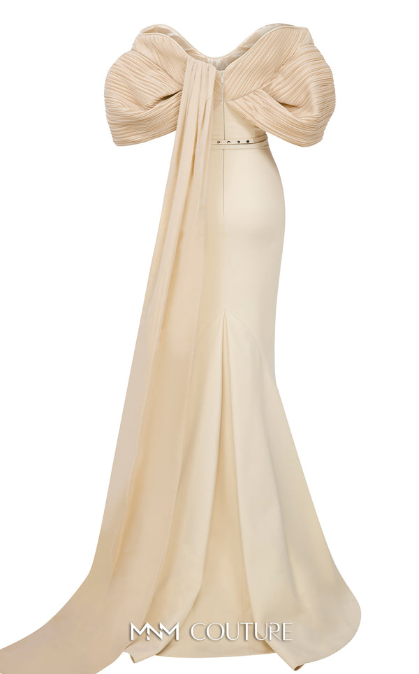 MNM Couture E0088 fitted rayon crepe gown with organza cape and scoop neckline | Couture Shop LA
