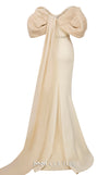 MNM Couture E0088 fitted rayon crepe gown with organza cape and scoop neckline | Couture Shop LA