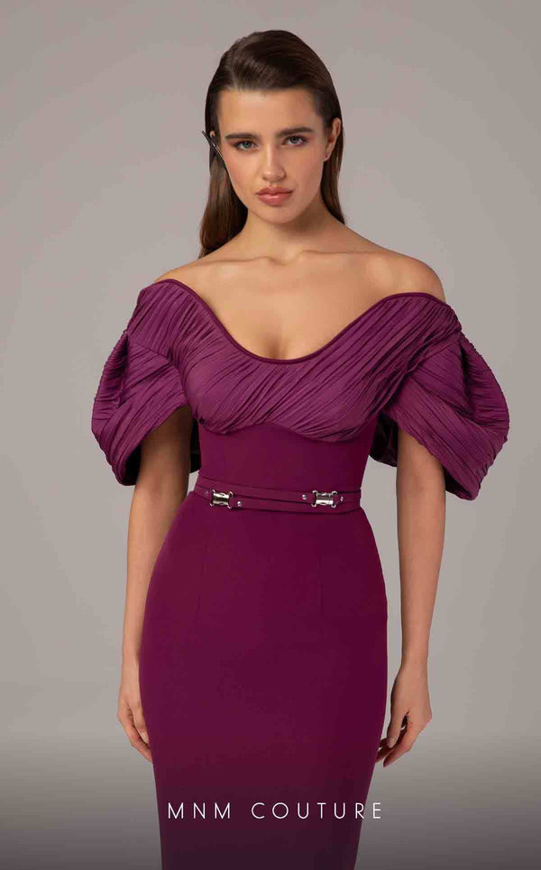 MNM Couture E0088 fitted rayon crepe gown with organza cape and scoop neckline | Couture Shop LA