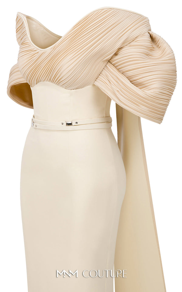 MNM Couture E0088 fitted rayon crepe gown with organza cape and scoop neckline | Couture Shop LA