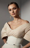 MNM Couture E0088 fitted rayon crepe gown with organza cape and scoop neckline | Couture Shop LA
