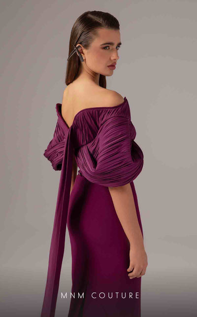 MNM Couture E0088 fitted rayon crepe gown with organza cape and scoop neckline | Couture Shop LA
