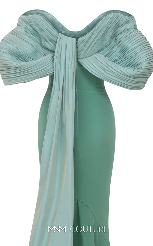 MNM Couture E0088 fitted rayon crepe gown with organza cape and scoop neckline | Couture Shop LA