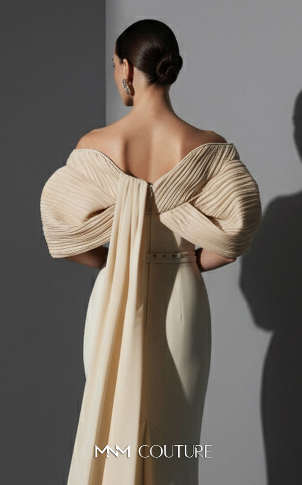 MNM Couture E0088 fitted rayon crepe gown with organza cape and scoop neckline | Couture Shop LA