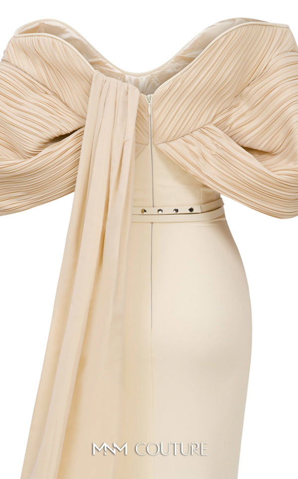 MNM Couture E0088 fitted rayon crepe gown with organza cape and scoop neckline | Couture Shop LA