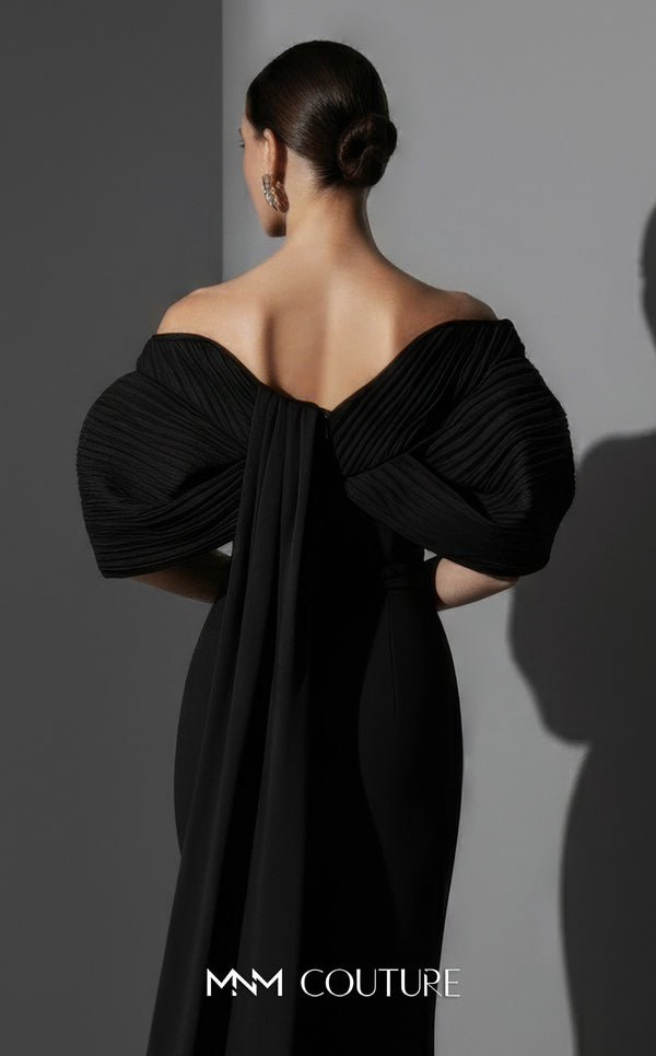 MNM Couture E0088 fitted rayon crepe gown with organza cape and scoop neckline | Couture Shop LA