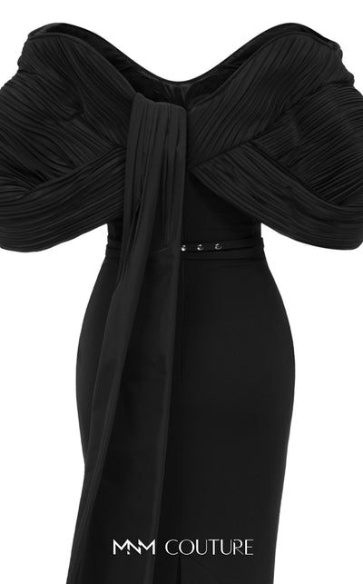 MNM Couture E0088 fitted rayon crepe gown with organza cape and scoop neckline | Couture Shop LA