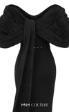 MNM Couture E0088 fitted rayon crepe gown with organza cape and scoop neckline | Couture Shop LA