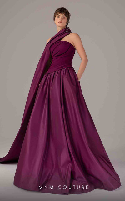 MNM Couture E0089 purple satin A-line gown with a strapless ruched bodice and a single asymmetric draped panel creating a long train. | Couture Shop LA