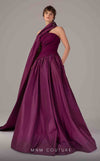 MNM Couture E0089 purple satin A-line gown with a strapless ruched bodice and a single asymmetric draped panel creating a long train. | Couture Shop LA