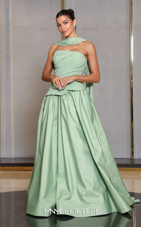 MNM Couture E0089 purple satin A-line gown with a strapless ruched bodice and a single asymmetric draped panel creating a long train. | Couture Shop LA