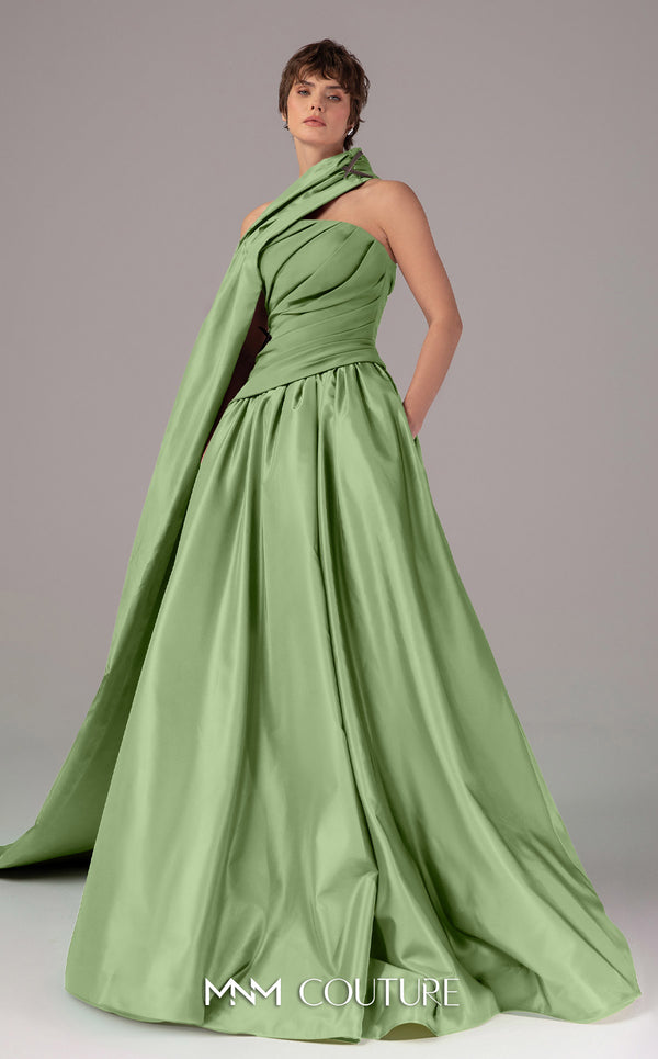 MNM Couture E0089 purple satin A-line gown with a strapless ruched bodice and a single asymmetric draped panel creating a long train. | Couture Shop LA