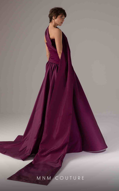 MNM Couture E0089 purple satin A-line gown with a strapless ruched bodice and a single asymmetric draped panel creating a long train. | Couture Shop LA