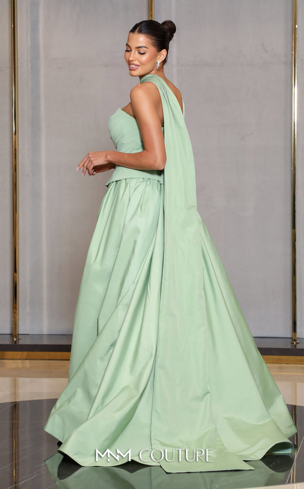 MNM Couture E0089 purple satin A-line gown with a strapless ruched bodice and a single asymmetric draped panel creating a long train. | Couture Shop LA