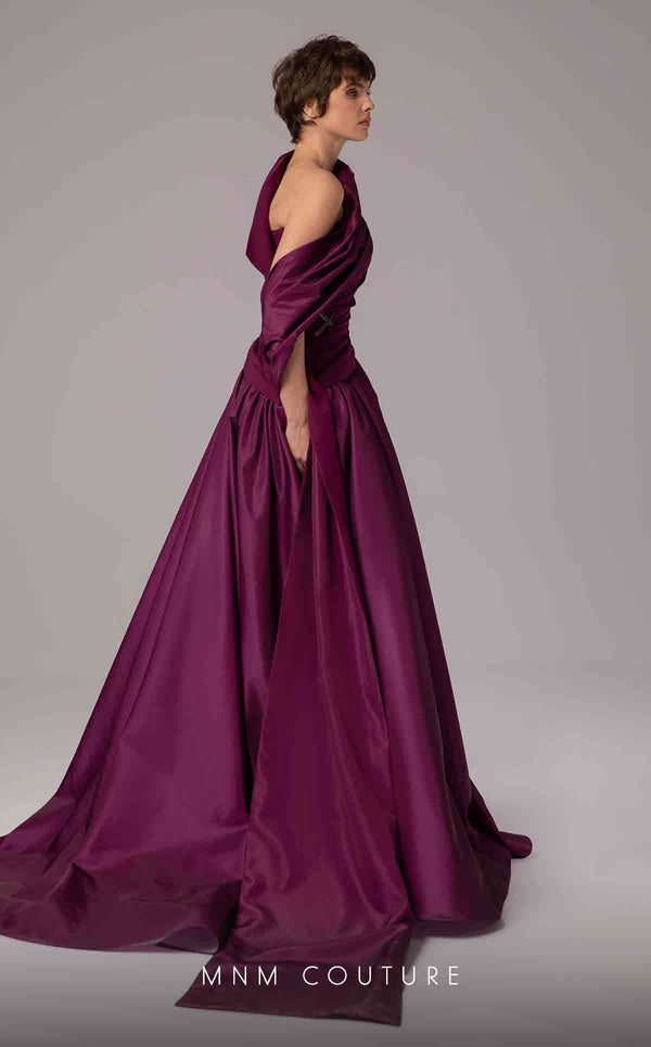 MNM Couture E0089 purple satin A-line gown with a strapless ruched bodice and a single asymmetric draped panel creating a long train. | Couture Shop LA