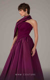 MNM Couture E0089 purple satin A-line gown with a strapless ruched bodice and a single asymmetric draped panel creating a long train. | Couture Shop LA