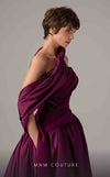 MNM Couture E0089 purple satin A-line gown with a strapless ruched bodice and a single asymmetric draped panel creating a long train. | Couture Shop LA