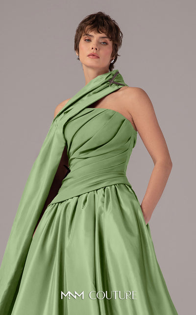 MNM Couture E0089 purple satin A-line gown with a strapless ruched bodice and a single asymmetric draped panel creating a long train. | Couture Shop LA