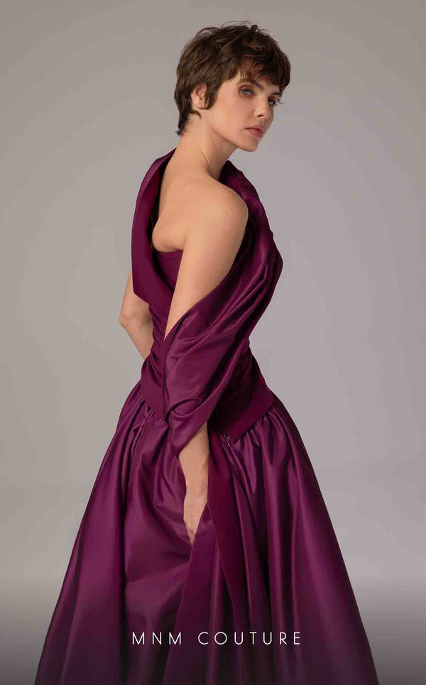 MNM Couture E0089 purple satin A-line gown with a strapless ruched bodice and a single asymmetric draped panel creating a long train. | Couture Shop LA