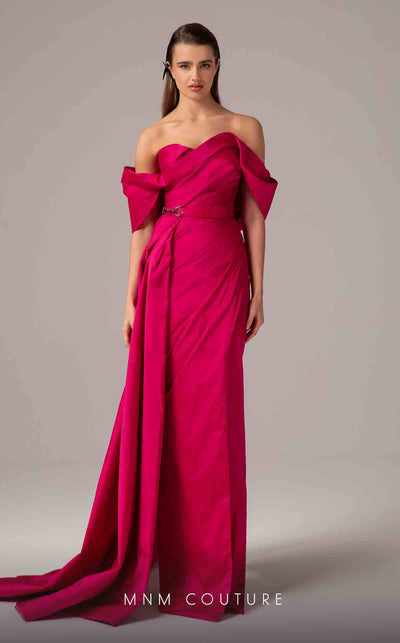 MNM Couture E0090 pleated asymmetric column gown with side slit and long train | Couture ShopLA