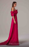 MNM Couture E0090 pleated asymmetric column gown with side slit and long train | Couture Shop  LA