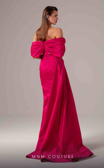 MNM Couture E0090 pleated asymmetric column gown with side slit and long train | Couture ShopLA