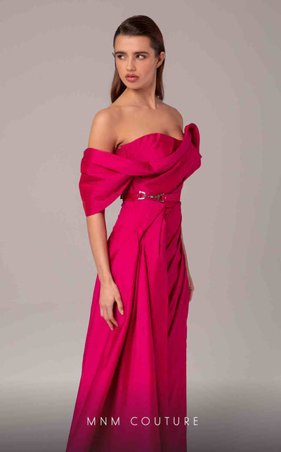 MNM Couture E0090 pleated asymmetric column gown with side slit and long train | Couture ShopLA