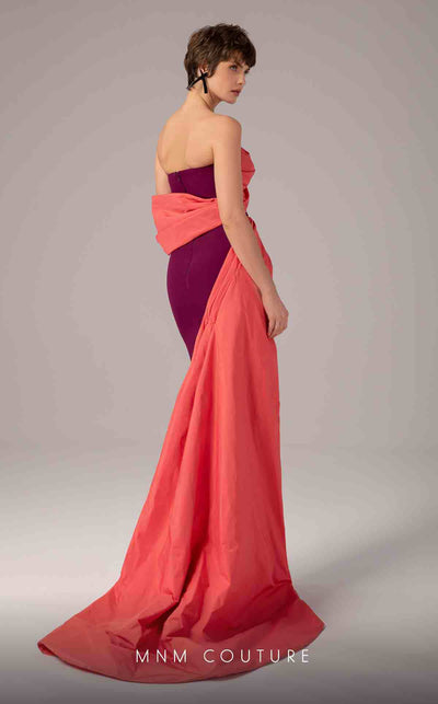 MNM Couture E0091 fitted Tefta column gown with pleated neckline and asymmetric train | Couture Shop LA