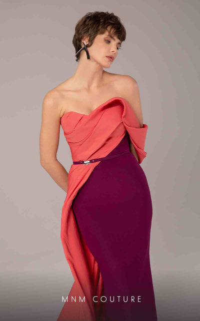 MNM Couture E0091 fitted Tefta column gown with pleated neckline and asymmetric train | Couture Shop LA