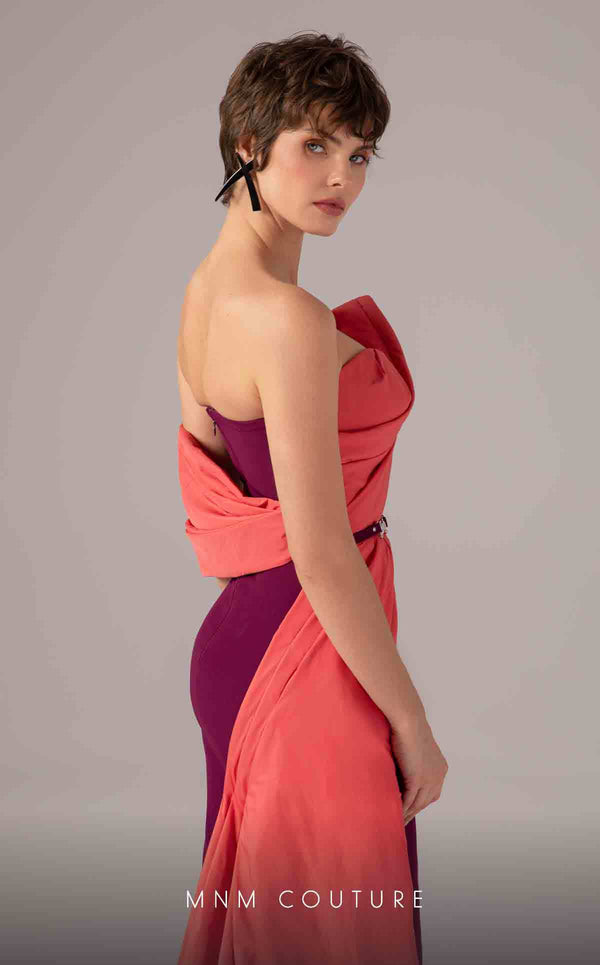 MNM Couture E0091 fitted Tefta column gown with pleated neckline and asymmetric train | Couture Shop LA