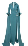MNM Couture Style E0094 gown with cape sleeves, a collar neckline, and a striking side slit. / Couture Shop LA