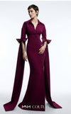 MNM Couture Style E0094 gown with cape sleeves, a collar neckline, and a striking side slit. / Couture Shop LA