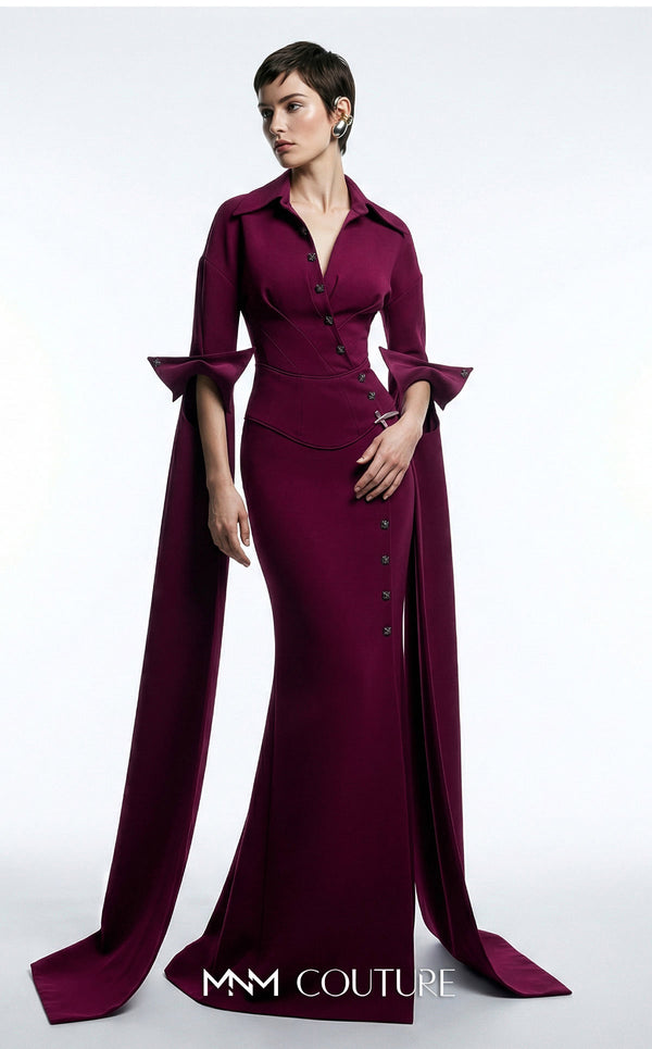 MNM Couture Style E0094 gown with cape sleeves, a collar neckline, and a striking side slit. / Couture Shop LA