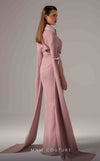 MNM Couture Style E0094 gown with cape sleeves, a collar neckline, and a striking side slit. / Couture Shop LA