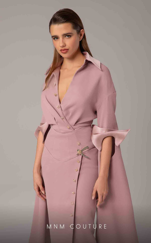 MNM Couture Style E0094 gown with cape sleeves, a collar neckline, and a striking side slit. / Couture Shop LA