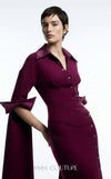 MNM Couture Style E0094 gown with cape sleeves, a collar neckline, and a striking side slit. / Couture Shop LA