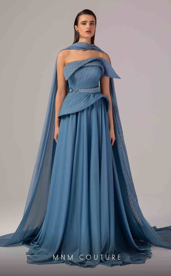 MNM Couture E0096 flared organza gown with pleated corset and long train | Couture Shop LA