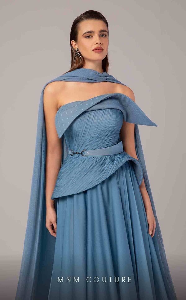 MNM Couture E0096 flared organza gown with pleated corset and long train | Couture Shop LA