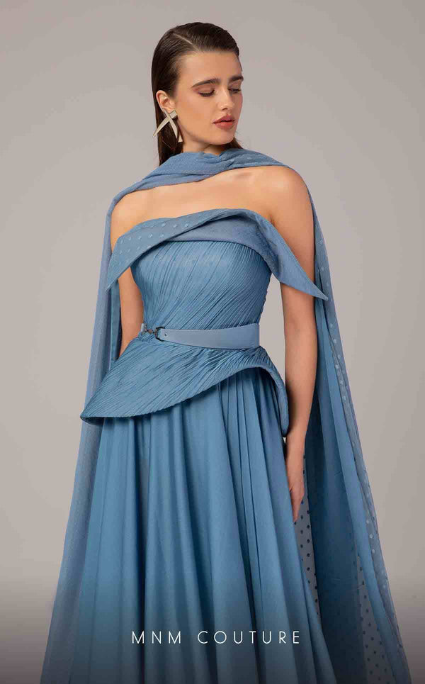 MNM Couture E0096 flared organza gown with pleated corset and long train | Couture Shop LA