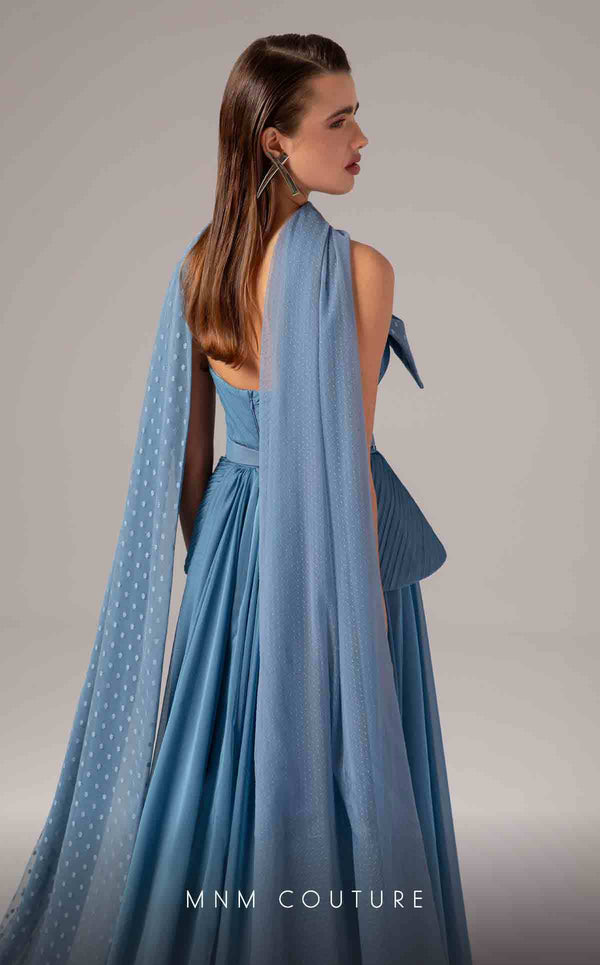 MNM Couture E0096 flared organza gown with pleated corset and long train | Couture Shop LA