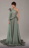 MNM Couture E0097 flared organza gown with one sleeve and asymmetric cape train | Couture Shop LA