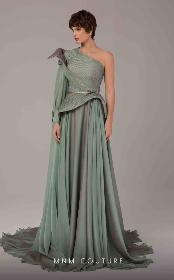 MNM Couture E0097 flared organza gown with one sleeve and asymmetric cape train | Couture Shop LA