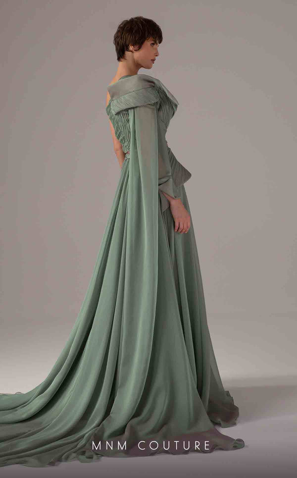 MNM Couture E0097 flared organza gown with one sleeve and asymmetric cape train | Couture Shop LA
