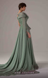 MNM Couture E0097 flared organza gown with one sleeve and asymmetric cape train | Couture Shop LA