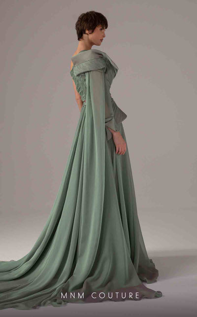 MNM Couture E0097 flared organza gown with one sleeve and asymmetric cape train | Couture Shop LA