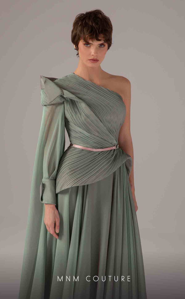 MNM Couture E0097 flared organza gown with one sleeve and asymmetric cape train | Couture Shop LA