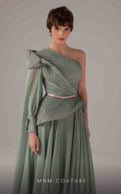 MNM Couture E0097 flared organza gown with one sleeve and asymmetric cape train | Couture Shop LA